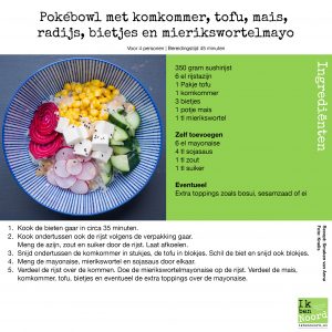 Pokébowl Met Komkommer, Tofu, Potje Mais, Radijs, Bietjes En Mierikswortelmayonaise Kopiëren